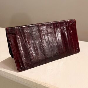 Vintage Burgundy Eel Skin Leather Long Wallet Clutch Made In Korea